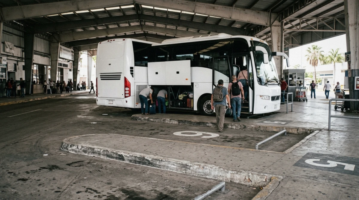 Intercity coach boarding passengers at a bus station platform, the Tequila Plus departure point for the Guadalajara to Tequila route, Jalisco