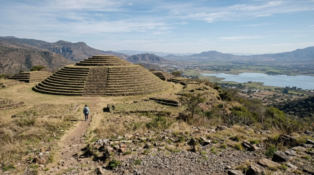 Circular stepped pyramid at the Guachimontones archaeological zone with visitors climbing during open hours, Teuchitlan, Jalisco