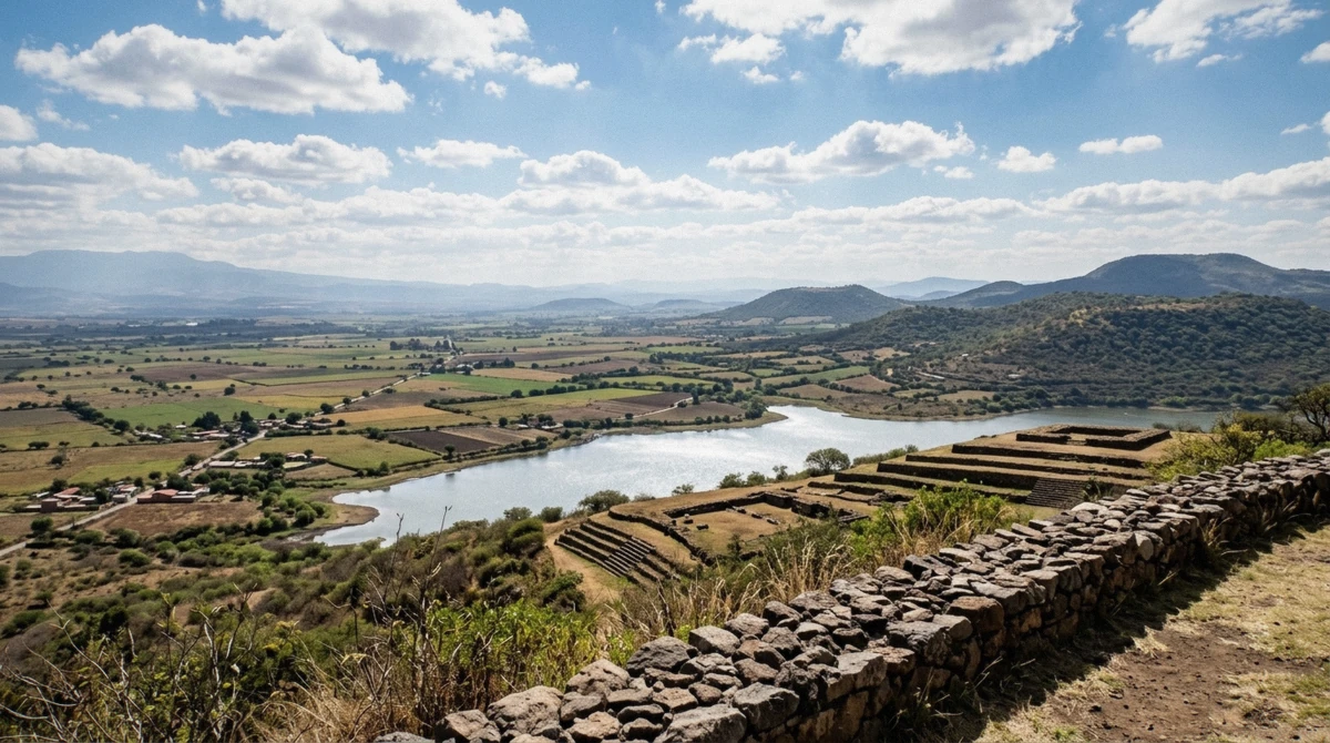 View across the terraced valley near Teuchitlan toward the Guachimontones circular pyramids, Jalisco