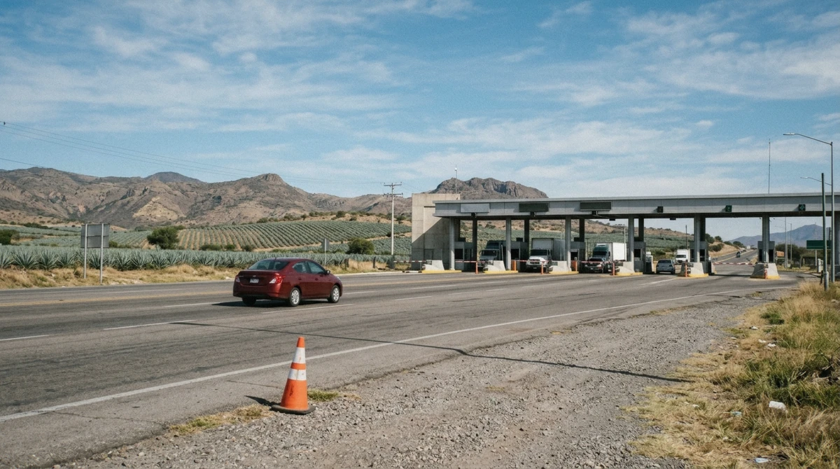 Toll booth and clear cuota highway lanes on the road out of Guadalajara, relevant to whether it is safe to drive between Guadalajara and Tequila