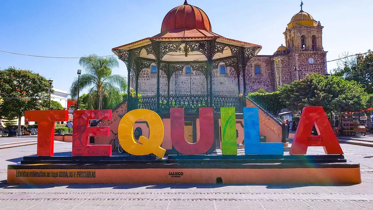 The La Rojena Jose Cuervo distillery gates in the town of Tequila, visited on a factory tour day trip from Guadalajara
